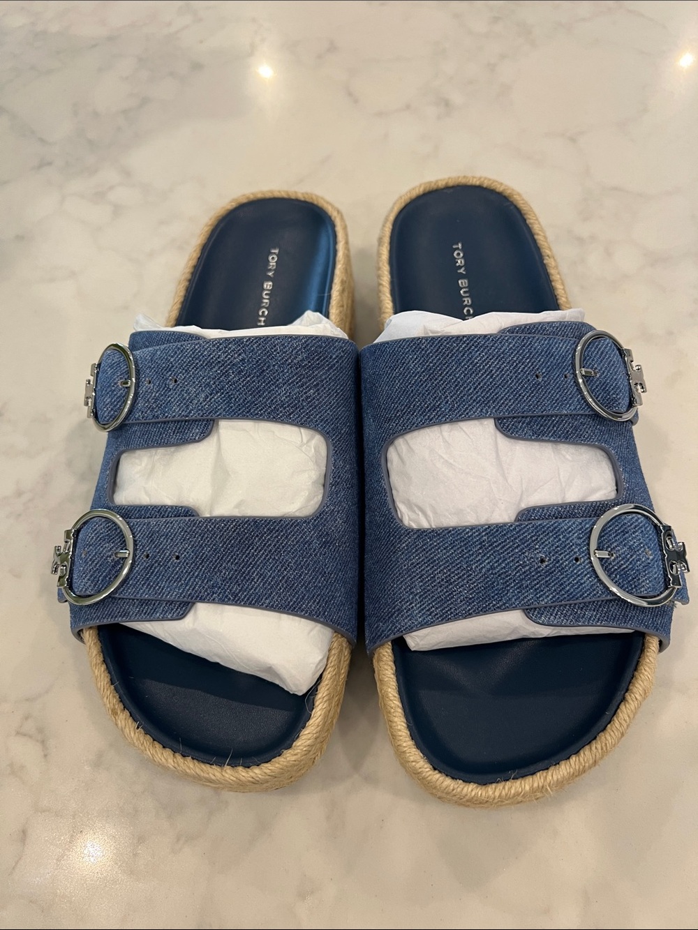 Tory Burch Denim Double-Buckle Espadrille Slide Sandals in Blue
